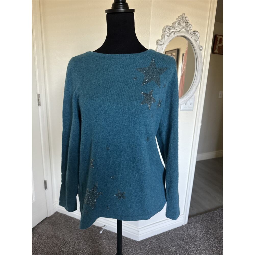 Charter Club Luxury 100% Cashmere Teal Sweater Beaded Star Accents Sz Med
